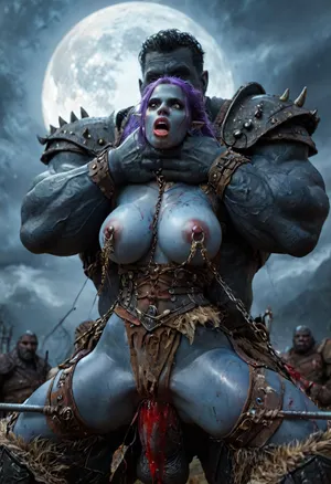 ((female drow elf barbarian, (dark night blue skin:1.82), tall, angry, busty, curvy, thin waist, big boobs, big butt, slim, fit, vitiligo, strong, fur pelt armor, dungeons and dragons, purplish blue skin, black and purple hair)), Dark, Elf, Warrior, Drow, tattooed, scarred, purple eyes, blue skin, amazon, giant, fur barbarian armor, bloody, blood spatter, bear, bear heart, (in a bloody filed after a battle, white full moon in the sky:1.4), (large heavy nipple rings:1.5), (leg spreader bar:1.2), (man is choking her from behind:1.4), ((hogtied, bound with large chains, tied to a torture table:1.3)), cock in mouth, (brutal face fuck), Blowjob, (tears in eyes:1.5), (running makeup), (cum drips from nose:1.3), (cum drips from mouth:1.3), ultra hd, photorealistic, hyper gigantic large black cock in mouth, (((hyper gigantic large black cock in mouth:1.3))), oral cream pie, hair grab, sad, sad crying, tongue out, gasping for air, zavy-brbrn, gangbang, double anal penetration, anal spitroast, groupsex, deepthroat, (4 gigantic African black brute thug, huge trunklike arms, huge head, hyper muscular body, dressed in slave clothes:1.36), (gigantic African black brute thug, gangbang, double anal, anal spit roast, double penetration:1.14), ((hogtied, bound for sex, tied up)), (((hyper gigantic large white cock in mouth:1.3))), (pulled nipples:1.2), nipple clamps, (((spit roast))), (((hyper large cock in mouth:1.3))), screaming, shocked, deep anal penetration, Uber realistic, 8k, ultra detailed, masterpiece, 35mm photograph, film, professional, 4k, 1girl, 5 boys, hdr, photographic, ultra realistic, ultra high details, back light, (front view), (dynamic pose), best quality, anal sex, with large muscular black men, gargantuan black cocks, anal sex expansion, large hyper muscular fat old men, (double anal sex), swollen white veiny cocks, (double anal penetration), hardcore double penetration, proper physics, big white cocks, muscular white double anal gangbang, (forceful penetrations), extremely graphic, shocked expression, beautiful hands, massive cum in ass defeating a woman in combat, fighting, killing, blood, winning fight, magazine cover, Realism_Quality_2xx_By_Stable_Yogi, score_9, score_8_up, score_7_up, (((very pretty face:1.3))), (((extremely ultra detailed face:1.3))), perfect fingers and hands, upper body view, (extreme size difference:1.6), (ultra realistic), (maximum quality), (high resolution), (extreme detail), (ultra realism), UHD, super high quality, highly detailed, high resolution, perfect lighting, natural lighting, (dynamic angle), (random angle), (random pose), (dynamic view), (random view), volumetric lighting, golden hour lighting, dramatic shadows, nature-inspired color palette, a, zavy-brbrn-sdxl, 2>, <lora:detailed_notrigger:2>, <lora:CinematicStyle_v1:2>, <lora:MJ52:2>, <lora:zavy-brbrn-sdxl:2>, <lora:LCMTurboMix_Euler_A_fix:2>