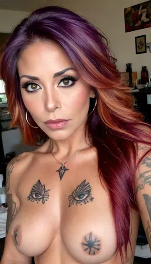8k, art studio, messy painters studio, (59 years old), (trendy woman, artsy woman, hipster woman, alternative woman, purple hair, dark violet hair, feline eyeliner, delicate black complexion, tattoos, angular faces, Indigenous Tribal Hispanic Latina and dark skin, hair colors are blond, brown, copper red, black and black with red strands, huge beauty marks, massive birth marks), (symmetrical), (tan lines), high quality photo, IG baddie, brown angelic body, high definition, full body, very high angle view, detailed photograph, 8k uhd, dslr, high quality, detailed skin texture, realistic, insanely detailed, highest quality, high resolution photography on a canon camera, <lora:uberfit_lora_sdxl:.5>, <lora:253562_training_data:.8>, <lora:GiganticBreastsXLv1:.5>, <lora:KawaiiMakeupXLv2:.8>, <lora:igbaddie-XL:1.2>