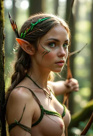Nude elf, pointy ears, forest, bow and arrow, elf archer, <lora:MJ52:.8>, green eyes, perfecteyes, <lora:PerfectEyesXL:.8>