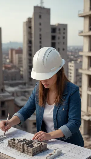Woman, architect, white helmet, plan in hand, designing 1 house in a city, +1 model, 1 house, city, (big city), well detailed, architect designs a house in the middle of a city