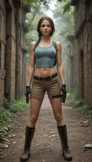 38 year old woman, iconic adventurer, wearing her classic outfit, a fitted teal sleeveless tank top tucked into short brown cargo shorts, black leather belt with a silver buckle, dual pistol holsters strapped to her thighs, fingerless black gloves, tall lace-up brown combat boots with thick socks peeking out, small teal backpack with straps crossing her shoulders, hair in a long brown braid, confident athletic stance, cinematic lighting, rugged jungle ruins background, highly detailed, realistic adventure aesthetic, large boobs 4.0