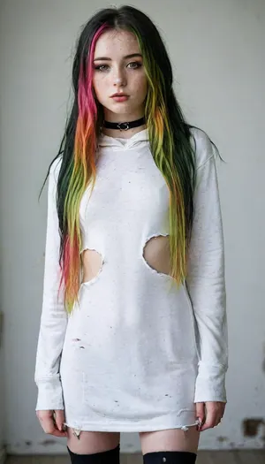 18 year old, long rainbow hair, black chocker, pink lipstick, nipple rings, belly ring, ripped revealing clothes, goth, small breasts, full body view from behind, long legs, tiny feet, Tinymodel, young, schoolgirl, pretty young, Young girls, perfect face, green eyes, cute, closeup, petite body, full body photo, beautiful face, fluxenh4nce, freckles, pale, skin, <lora:MJ52:.3>, <lora:FLUXEnh4nce:.8>, <lora:SdXL_better freckles_epoch_16:.8>, <lora:Pale_Skin_SDXL_v1.0:.8>, hooded, dress, <lora:BT_Hooded_Dress_XL:.8>