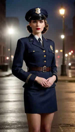 Beautiful female 1940s Chicago police officer, confident and determined with vintage charm. Slim yet strong build, fair skin, classic 1940s hairstyle tucked under a police cap, bold red lipstick, piercing eyes, large bimbo breasts. Wearing an authentic 1940s Chicago police uniform, tailored navy blue jacket, badge pinned to chest, short dark skirt, leather belt with holster. Standing under a flickering streetlamp on a rainy Chicago street smoke rising from a manhole. Ultra-realistic retro noir style, highly detailed, cinematic moody lighting, atmosphere of law, grit, and determination.