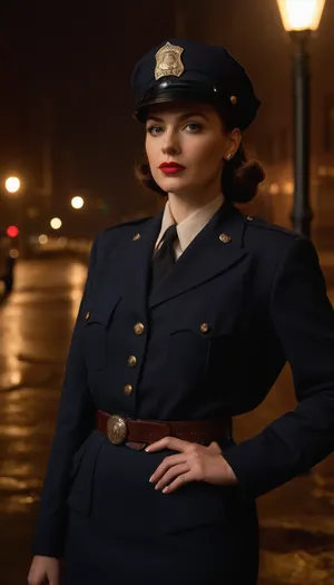 Beautiful female 1940s Chicago police officer, confident and determined with vintage charm. Slim yet strong build, fair skin, classic 1940s hairstyle tucked under a police cap, bold red lipstick, piercing eyes, large bimbo breasts. Wearing an authentic 1940s Chicago police uniform, tailored navy blue jacket, badge pinned to chest, short dark skirt, leather belt with holster. Standing under a flickering streetlamp on a rainy Chicago street smoke rising from a manhole. Ultra-realistic retro noir style, highly detailed, cinematic moody lighting, atmosphere of law, grit, and determination.