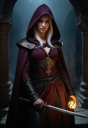 Beautiful female elf shadow monk warrior from Dungeons & Dragons 5e, (2024), . Slim and athletic with graceful elven features, pale flawless skin, sharp angular face, glowing eyes of deep violet, and long silver hair tied back for battle, large bimbo breasts. Wearing a dark hooded cloak of protection that shimmers faintly with magical wards, and elegant bracers of defense engraved with glowing runes. Clad in shadowy monk attire, form-fitting leather and cloth armor, designed for agility and stealth. Dual-wielding two razor-sharp daggers, each catching faint moonlight. Standing in a moonlit ruined temple, shadows swirling around her form as if alive, ready to strike. Ultra-realistic high fantasy art, highly detailed, cinematic dramatic lighting, mystical and dangerous atmosphere.