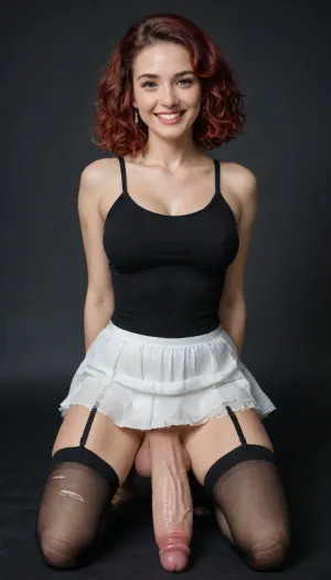 30 cm penis, big dick and big balls, huge penis, hourglass body, she look into your eyes, Red hair color, large breasts, perfect anatomy, (various stockings), clean background, detailed futanari, solo, beautiful model, pretty young face, extremely pretty, extremely beautiful face, supermodel face, cute angelic face, extremely pretty face, very beautiful face, (ripped black stockings, garter, ripped skirt, transparent skirt, masterpiece, best shadows, best quality, erect-futa, erect-penis, full body, taken with pleasure, ultrares face, 8K face, ultradetailed, DSLR, professional photo, ultra_high_quality, ultra_realistic, 8k, ultra detailed, 35mm photograph, 4k, hdr, photographic, ultra realistic, perfect legs, perfect dick, beautiful dick, simetrical face, happy face, black background, more beautiful, smile, each image generated different outfit, barefoot)
