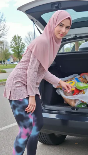 Graceful, pretty, young girl, pink hijab, cute face, sexy, leggings, tanktop, a shopping cart, loads purchases into the trunk in the parking lot at ALDI, Germany