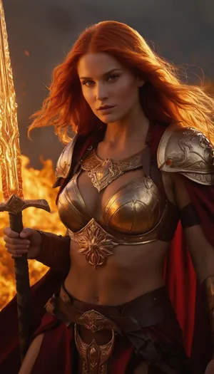 Female Path of the Zealot barbarian, divine champion of Sune, radiant and fierce. Tall and powerful athletic build, glowing with divine vitality. Strikingly beautiful features that echo her goddess, flowing fiery red hair that shimmers like flame, flawless skin with a warm golden glow, eyes sparkling with passion and fire. Wearing a mix of barbarian armor and divine regalia, furs and leathers combined with flowing crimson and rose-colored silks, golden jewelry shaped like roses and suns. Wielding a massive greatsword engraved with radiant symbols, glowing faintly with holy fire. A magical aura of beauty and love surrounds her even in fury. Standing on a battlefield at dawn, fallen enemies at her feet, petals of roses drifting on the wind, holy light radiating from above. Ultra-realistic high fantasy art, highly detailed, cinematic lighting, atmosphere of divine fury and sacred beauty.