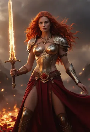 Female Path of the Zealot barbarian, divine champion of Sune, radiant and fierce. Tall and powerful athletic build, glowing with divine vitality. Strikingly beautiful features that echo her goddess, flowing fiery red hair that shimmers like flame, flawless skin with a warm golden glow, eyes sparkling with passion and fire, large bimbo breasts. Wearing a mix of barbarian armor and divine regalia, furs and leathers combined with flowing crimson and rose-colored silks, golden jewelry shaped like roses and suns. Wielding a massive greatsword engraved with radiant symbols, glowing faintly with holy fire. A magical aura of beauty and love surrounds her even in fury. Standing on a battlefield at dawn, fallen enemies at her feet, petals of roses drifting on the wind, holy light radiating from above. Ultra-realistic high fantasy art, highly detailed, cinematic lighting, atmosphere of divine fury and sacred beauty.