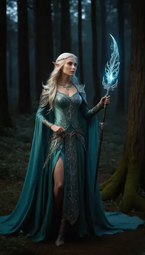 Beautiful female elf warlock, servant of an Archfey patron, regal and otherworldly. Tall and elegant with a slim but powerful build, flawless pale skin with a faint shimmer, sharp angular elven features, long flowing silver hair, and piercing emerald eyes glowing faintly with fey magic. Wearing enchanted ornate plate armor shaped with flowing natural motifs, leaves, vines, and silver filigree, glowing with faint green and violet arcane light. A cloak of deep twilight blue billows behind her. Wielding a glaive with an ethereal crystalline blade that hums with fey power, runes glowing along the shaft. Standing in a moonlit forest clearing where flowers bloom at her feet, glowing will-o’-wisps and faint arcs of faerie fire floating in the air. Ultra-realistic high fantasy art, highly detailed, cinematic magical lighting, atmosphere of beauty, danger, and fey majesty.