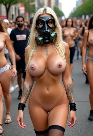 8k, protestor, public crowd setting, (naked girl, anti-trump protestor, wearing only gas mask, 22 years old), (Artsy hipsters, moody, pouty, tattoos, angular faces, Latina and dark skin, hair colors are blond, brown, copper, black, auburn, and black, huge beauty marks in skin), (symmetrical), (tan lines), massive nipples, high quality photo, high definition, detailed photograph, 8k uhd, dslr, high quality, detailed skin texture, realistic, insanely detailed, highest quality, high resolution photography on a canon camera, riot background, <lora:KawaiiMakeupXLv2:.8>, <lora:igbaddie-XL:1.7>, <lora:ThePitXL:1.2>, <lora:AtomictitsXL:1.2>, <lora:BUT_SDXL_SHS:1.5>