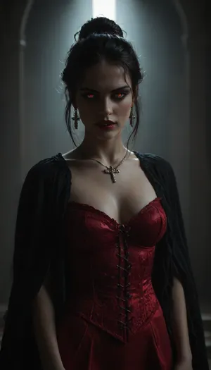 Regal female vampire countess, tall, (pale porcelain skin:1.4), (long black hair), (elegant fancy updo hairstyle), ruby-red eyes, crimson lips, (((very long vampiric fangs))), blood-red velvet gown with corset, black cloak, ruby jewelry, inverted silver cross, alluring yet dangerous, dark sapphic glamour, gothic, realistic, dramatic lighting., hkstyle, <lora:hkstyleV5:.8>, <lora:dark:.8>