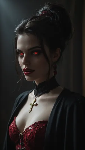 Regal female vampire countess, tall, (pale porcelain skin:1.4), (long black hair), (elegant fancy updo hairstyle), ruby-red eyes, crimson lips, (((very long vampiric fangs))), blood-red velvet gown with corset, black cloak, ruby jewelry, inverted silver cross, alluring yet dangerous, dark sapphic glamour, gothic, realistic, dramatic lighting., hkstyle, <lora:hkstyleV5:.8>, <lora:dark:.8>