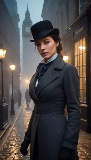 Beautiful female detective inspired by Sherlock Holmes, Victorian London setting. Slim and elegant build, fair skin, sharp intelligent eyes, and dark hair tied up neatly or tucked under a deerstalker hat, large bimbo breasts. Wearing a tailored Victorian-era detective outfit, long fitted coat, waistcoat, crisp shirt, cravat, and trousers. Standing in a foggy cobblestone London street under a gaslamp, Big Ben faintly visible in the mist. Her expression is calm, calculating, and observant, with clues scattered at her feet. Ultra-realistic Victorian detective art, highly detailed, cinematic moody lighting, atmospheric, mysterious, and brilliant.