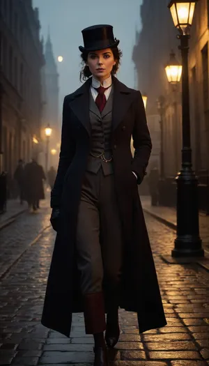 Beautiful female detective inspired by Sherlock Holmes, Victorian London setting. Slim and elegant build, fair skin, sharp intelligent eyes, and dark hair tied up neatly or tucked under a deerstalker hat, large bimbo breasts. Wearing a tailored Victorian-era detective outfit, long fitted coat, waistcoat, crisp shirt, cravat, and trousers. Standing in a foggy cobblestone London street under a gaslamp, Big Ben faintly visible in the mist. Her expression is calm, calculating, and observant, with clues scattered at her feet. Ultra-realistic Victorian detective art, highly detailed, cinematic moody lighting, atmospheric, mysterious, and brilliant.