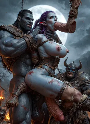 ((female drow elf barbarian, (dark night blue skin:1.82), tall, angry, busty, curvy, thin waist, big boobs, big butt, slim, fit, vitiligo, strong, fur pelt armor, dungeons and dragons, purplish blue skin, black and purple hair)), Dark, Elf, Warrior, Drow, tattooed, scarred, purple eyes, blue skin, amazon, giant, fur barbarian armor, bloody, blood spatter, bear, bear heart, (in a bloody filed after a battle, white full moon in the sky:1.4), (large heavy nipple rings:1.5), (leg spreader bar:1.2), (man is choking her from behind:1.4), ((hogtied, bound with large chains, tied to a torture table:1.3)), cock in mouth, (brutal face fuck), Blowjob, (tears in eyes:1.5), (running makeup), (cum drips from nose:1.3), (cum drips from mouth:1.3), ultra hd, photorealistic, hyper gigantic large black cock in mouth, (((hyper gigantic large black cock in mouth:1.3))), oral cream pie, hair grab, sad, sad crying, tongue out, gasping for air, zavy-brbrn, gangbang, double anal penetration, anal spitroast, groupsex, deepthroat, (4 gigantic African black brute thug, huge trunklike arms, huge head, hyper muscular body, dressed in slave clothes:1.36), (gigantic African black brute thug, gangbang, double anal, anal spit roast, double penetration:1.14), ((hogtied, bound for sex, tied up)), (gigantic large white cock in mouth:1.3), (pulled nipples:1.2), nipple clamps, (((spit roast))), (((hyper large cock in mouth:1.3))), screaming, shocked, deep anal penetration, Uber realistic, 8k, ultra detailed, masterpiece, 35mm photograph, film, professional, 4k, 1girl, 5 boys, hdr, photographic, ultra realistic, ultra high details, back light, (dynamic pose), best quality, anal sex, with large muscular black men, gargantuan black cocks, anal sex expansion, large hyper muscular fat old men, (double anal sex), swollen white veiny cocks, (double anal penetration), hardcore double penetration, proper physics, big white cocks, muscular white double anal gangbang, (forceful penetrations), extremely graphic, massive cum in ass defeating a woman in combat, fighting, killing, blood, winning fight, magazine cover, Realism_Quality_2xx_By_Stable_Yogi, score_9, score_8_up, score_7_up, (((very pretty face:1.3))), (((extremely ultra detailed face:1.3))), perfect fingers and hands, (extreme size difference:1.6), (ultra realistic), (maximum quality), (high resolution), (extreme detail), (ultra realism), UHD, super high quality, big black cocks, muscular black interracial gangbang, tongues out, hdr. full body, ((lauging insane, looking at viewer, big grin:1.5)), (((wide aerial view))), <lora:detailed_notrigger:2>, <lora:CinematicStyle_v1:2>, zavy-brbrn-sdxl, 2>, <lora:MJ52:2>, <lora:zavy-brbrn-sdxl:2>, <lora:LCMTurboMix_Euler_A_fix:2>