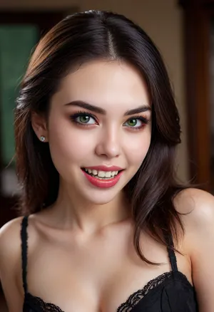 a neutral and casual potrait of young Thailand female, 26 years old, 163 tall, 55kg, huge tits in a push up bre, ((.2 long vampire fangs)), ((vampire queen hungry for blood)), ((2 giant vampire fangs)), sweet smile neutral face without any make up and facialhair, ultra skin texture, bob wolfcut black hair, ((very detailed bridgt green eyes, huge detailed irises, black eyeliner and smokey eyeshadow)), curvy but with great shape and structure, best facial bone structure and skin tone, 2 fangs, flawless skin, pretty face, pretty eyes, perfect face, thick chin, braces teeth, ((cute vampire fangs:1.5)), mole on right chin, casual photo. realistic, smiling, braces, Perfect, (((2 Fangs:1.5))), fangs, sharp, teeth, fang, <lora:LPBRACES_lora:1.4>, <lora:Unfazed vampire - XL SDXL V1.0:2>, <lora:detailed_notrigger:1.6>