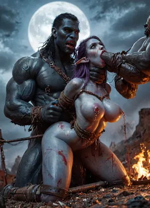 ((female drow elf barbarian, (dark night blue skin:1.82), tall, angry, busty, curvy, thin waist, big boobs, big butt, slim, fit, vitiligo, strong, fur pelt armor, dungeons and dragons, purplish blue skin, black and purple hair)), Dark, Elf, Warrior, Drow, tattooed, scarred, purple eyes, blue skin, amazon, giant, fur barbarian armor, bloody, blood spatter, bear, bear heart, (in a bloody filed after a battle, white full moon in the sky:1.4), (large heavy nipple rings:1.5), (leg spreader bar:1.2), (man is choking her from behind:1.4), ((hogtied, bound with large chains, tied to a torture table:1.3)), cock in mouth, (brutal face fuck), Blowjob, (tears in eyes:1.5), (running makeup), (cum drips from nose:1.3), (cum drips from mouth:1.3), ultra hd, photorealistic, hyper gigantic large black cock in mouth, (((hyper gigantic large black cock in mouth:1.3))), oral cream pie, hair grab, sad, sad crying, tongue out, gasping for air, zavy-brbrn, gangbang, double anal penetration, anal spitroast, groupsex, deepthroat, (4 gigantic African black brute thug, huge trunklike arms, huge head, hyper muscular body, dressed in slave clothes:1.36), (gigantic African black brute thug, gangbang, double anal, anal spit roast, double penetration:1.14), ((hogtied, bound for sex, tied up)), (gigantic large white cock in mouth:1.3), (pulled nipples:1.2), nipple clamps, (((spit roast))), (((hyper large cock in mouth:1.3))), screaming, shocked, deep anal penetration, Uber realistic, 8k, ultra detailed, masterpiece, 35mm photograph, film, professional, 4k, 1girl, 5 boys, hdr, photographic, ultra realistic, ultra high details, back light, (front view), (dynamic pose), best quality, anal sex, with large muscular black men, gargantuan black cocks, anal sex expansion, large hyper muscular fat old men, (double anal sex), swollen white veiny cocks, (double anal penetration), hardcore double penetration, proper physics, big white cocks, muscular white double anal gangbang, (forceful penetrations), extremely graphic, massive cum in ass defeating a woman in combat, fighting, killing, blood, winning fight, magazine cover, Realism_Quality_2xx_By_Stable_Yogi, score_9, score_8_up, score_7_up, (((very pretty face:1.3))), (((extremely ultra detailed face:1.3))), perfect fingers and hands, upper body view, (extreme size difference:1.6), (ultra realistic), (maximum quality), (high resolution), (extreme detail), (ultra realism), UHD, super high quality, big black cocks, muscular black interracial gangbang, tongues out, hdr. full body, side view, ((lauging insane, looking at viewer, big grin:1.5)), (((aerial view))), ((full body view:1.3)), ((random pose)), ((random view angle)), (((random view))), (((random shot))), <lora:detailed_notrigger:2>, <lora:CinematicStyle_v1:2>, zavy-brbrn-sdxl, 2>, <lora:MJ52:2>, <lora:zavy-brbrn-sdxl:2>, <lora:LCMTurboMix_Euler_A_fix:2>