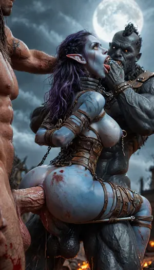 ((female drow elf barbarian, (dark night blue skin:1.82), tall, angry, busty, curvy, thin waist, big boobs, big butt, slim, fit, vitiligo, strong, fur pelt armor, dungeons and dragons, purplish blue skin, black and purple hair)), Dark, Elf, Warrior, Drow, tattooed, scarred, purple eyes, blue skin, amazon, giant, fur barbarian armor, bloody, blood spatter, bear, bear heart, (in a bloody filed after a battle, white full moon in the sky:1.4), (large heavy nipple rings:1.5), (leg spreader bar:1.2), (man is choking her from behind:1.4), ((hogtied, bound with large chains, tied to a torture table:1.3)), cock in mouth, (brutal face fuck), Blowjob, (tears in eyes:1.5), (running makeup), (cum drips from nose:1.3), (cum drips from mouth:1.3), ultra hd, photorealistic, hyper gigantic large black cock in mouth, (((hyper gigantic large black cock in mouth:1.3))), oral cream pie, hair grab, sad, sad crying, tongue out, gasping for air, zavy-brbrn, gangbang, double anal penetration, anal spitroast, groupsex, deepthroat, (4 gigantic African black brute thug, huge trunklike arms, huge head, hyper muscular body, dressed in slave clothes:1.36), (gigantic African black brute thug, gangbang, double anal, anal spit roast, double penetration:1.14), ((hogtied, bound for sex, tied up)), (gigantic large white cock in mouth:1.3), (pulled nipples:1.2), nipple clamps, (((spit roast))), (((hyper large cock in mouth:1.3))), screaming, shocked, deep anal penetration, Uber realistic, 8k, ultra detailed, masterpiece, 35mm photograph, film, professional, 4k, 1girl, 5 boys, hdr, photographic, ultra realistic, ultra high details, back light, (dynamic pose), best quality, anal sex, with large muscular black men, gargantuan black cocks, anal sex expansion, large hyper muscular fat old men, (double anal sex), swollen white veiny cocks, (double anal penetration), hardcore double penetration, proper physics, big white cocks, muscular white double anal gangbang, (forceful penetrations), extremely graphic, massive cum in ass defeating a woman in combat, fighting, killing, blood, winning fight, magazine cover, Realism_Quality_2xx_By_Stable_Yogi, score_9, score_8_up, score_7_up, (((very pretty face:1.3))), (((extremely ultra detailed face:1.3))), perfect fingers and hands, (extreme size difference:1.6), (ultra realistic), (maximum quality), (high resolution), (extreme detail), (ultra realism), UHD, super high quality, big black cocks, muscular black interracial gangbang, tongues out, hdr. full body, ((lauging insane, looking at viewer, big grin:1.5)), (((wide aerial view))), <lora:detailed_notrigger:2>, <lora:CinematicStyle_v1:2>, zavy-brbrn-sdxl, 2>, <lora:MJ52:2>, <lora:zavy-brbrn-sdxl:2>, <lora:LCMTurboMix_Euler_A_fix:2>