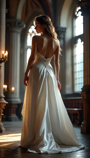 Close up Back view of a sexy bride wearing a long white satin wedding dress, back only view no face, 32k ultra realistic, highres, lifting dress to show amazing ass in white stockings and white satin panties and white high heels, extreme detail, slim fit body. Small perfect ass, masterpiece, beautiful quality, walking away from viewer in an old dark candlelit cathedral, back, round ass, dark lighting photography, shadows, view from below, <lora:BUT_SDXL_SHS:.8>, <lora:MJ52:.8>, <lora:add-detail-xl:1>