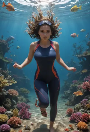 (north Europe young woman:1.5), brown eyes, giant breasts, athletic, hourglass, swimming under the sea, sunlight, shadow, Diving Goggles, Diving Regulator, Diving Wetsuit, Flippers, colorful Coral reef, Tropical fish, Jellyfish