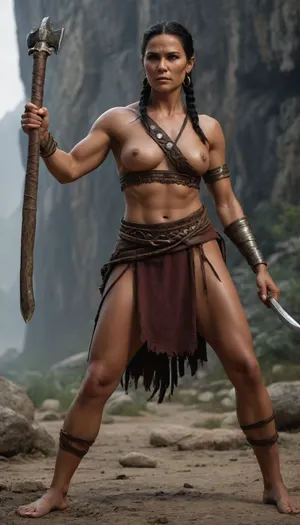 1Female musculous warrior queen, stone age clothes, black hair, 35 yo, muscles, trained mature body, tanned skin, high cheekbones, wrinkles, braided hair, stone age weapons in her hand, barefoot, photorealistic, best quality, very detailed, full body