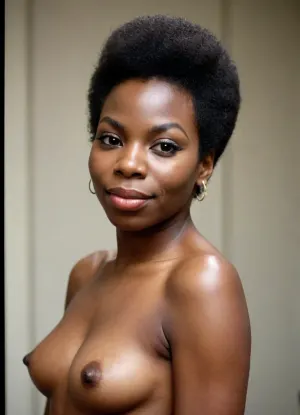 Très belle femme noire ressemblant à Nina Simone de 35 ans avec des seins énormes entièrement nue.sexe est très poilu. Elle a un sourire de satisfaction. Elle a une coupe afro courte. Elle reçoit dix grosses éjaculations sur le visage et dans les cheveux.