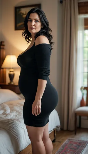 Beautiful mature European woman, obese woman, 45 years old, black hair, chubby cheekbones, sagging natural breasts, curvy body, hourglass figure, huge hips, huge ass, standing in an bedroom, looking back at viewer, pantyline, sleeveless, black sweater dress, Photorealistic, Canon EOS R5, 50mm f/1.4, ultra detailed, (((UHD 8K, masterpiece, best quality, maximum details, natural lighting, extreme realism))), <lora:MJ52:.8>
