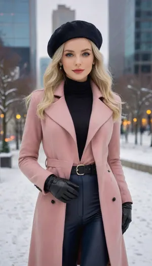 (masterpiece, best quality, highres, photorealistic, ultra-detailed), 1girl, 23-year-old nordic supermodel named Astrid Nyholm, tall statuesque slim curvy body, porcelain fair flawless skin, long silky platinum blonde straight hair with middle part waist-length, forehead smooth and high, defined light brows, ice-blue almond eyes with long curled lashes, double eyelids, straight narrow nose with small symmetrical nostrils, high sharp cheekbones, soft pink cheeks, oval face, glossy full pink lips with beauty mark near lips, small pointed chin, sharp jawline, white even teeth, elegant confident smile, long slender neck, straight shoulders, hidden collarbones, slim arms in black leather gloves, elbows natural, hands elegant under gloves, long fingers and manicured nails concealed, large natural round breasts under coat, firm chest, toned flat stomach, narrow waist, wide hips, round ass, long slender legs, proportional knees, toned thighs, slim calves, delicate ankles, feet in winter heeled boots, wearing deep navy wool coat with belt, grey cashmere scarf, dark grey fitted pants, black leather gloves, wool hat, shoulder bag, diamond stud earrings, silver bracelet, outdoor winter city background, light snow falling, modern architecture, cinematic HDR lighting, soft ambient glow, sharp focus, confident calm expression, elegant posture, <lora:PerfectEyesXL:1>, <lora:Microwaist_XL_v01:.8>, <lora:Beautify-Supermodel-SDXL:1>, <lora:xl_more_art-full_v1:.8>, <lora:add-detail-xl:.8>