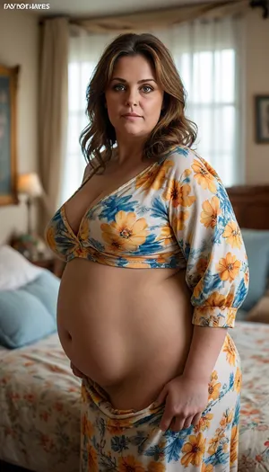 Beautiful mature European woman, (obese housewife:1.4), 45 years old, brunette hair, chubby cheekbones, (captivating bright amber eyes:1.3), sagging natural breasts, curvy body, hourglass figure, huge hips, huge ass, standing in an bedroom, looking back at viewer, pantyline, sleeveless, white with blue floral print sweater dress, Photorealistic, Canon EOS R5, 50mm f/1.4, ultra detailed, (((UHD 8K, masterpiece, best quality, maximum details, natural lighting, extreme realism))), <lora:MJ52:.3>