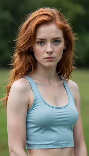 a young Scottish woman with fair skin and long, messy red hair, looking directly at the camera with a neutral expression. She has bright green eyes and a slender, athletic build. She is wearing a light blue tank top with a small pocket on the left side. Her right hand is resting on her hip, and her left arm is relaxed by her side. The background is a plain, light gray wall with a small rectangular window on the right side, showing a blurred outdoor scene. The lighting is natural, coming from the window on the right.