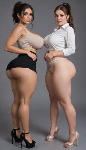 Hyper realistic, melkor mancin style art, 2 latina women, tall 30+ year old women, Thick office hoes, professional sluts, woman wearing slutty office attire, woman wearing office attire skirt, huge underbutt, women wearing tight panties, beautiful women, gorgeous women, voluptuous, PAWGS, MILFS, WHOOTY, hyper BBL, Rounded Ass, Standing, legs wide apart, Full Body, (tan lines:1.3), 2 women, the office bimbos being mischievous, brunettes, the office sluts, long hair, slick back hair do, hair ina bun, high ponytail hair do, professinal hair do, stunningly beautiful, flirty, seductive expression, arrogant expression, teasing curves, exhibiting curves, enticing poses, provocative poses, different dynamic poses, dynamic photo sexy angles, nerdy, geeky nerd, freckles, ultra wasp waist, huge flirty brown doe eyes, colossal anime eyes, gorgeous faces, wholesome, sweetheart, blushing, long straight hair, hair styles, huge hips, rounded hips, large breasts, huge breast, hyper pronounced erect nipples, colossal thick pouting bimbo lips, thick thighs, rear view, side view, front view, extremely large ass, massive round butt, massive ass, huge bulging round ass, elbows in counter, (platform inch high heels:1.3), long legs, tone thighs, long tone legs, booty bouncing, women wearing different style of panties, huge deep ass crack, huge butt cleff, massive wedgie, big booty contest, massive underbutt, different yet whoreish attire, 1 woman has a cocked hip, (cotton panties:1.3), (panties struggles to cover entire butt cheeks:1.3), (skirt struggles to cover entire butt cheeks:1.3)