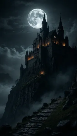 A eerie and creepy medieval castle sits atop the mountain. It exudes a sinister appearance. moonlight shines upon its medieval walls. There is fog in the air and a unsettling silence in the air. Every brick is visible, <lora:dark:.8>, <lora:Vivid Midjourney mimic - XL SDXL v2.0:.8>