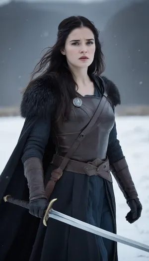 A stoic female warrior inspired by Jon Snow, standing in a snowy battlefield with a solemn, determined expression. She has long dark hair flowing in the wind, pale skin, and sharp, noble features. She wears a black fur cloak over dark leather armor, with a sword resembling Longclaw strapped at her side. Snowflakes drift around her as she gazes into the distance, a mix of strength and vulnerability in her eyes. The scene is cinematic, dramatic, highly detailed, with cold blue-gray tones and epic fantasy atmosphere.