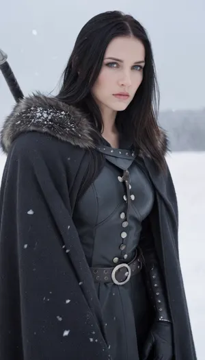 A stoic female warrior inspired by Jon Snow, standing in a snowy battlefield with a solemn, determined expression. She has long dark hair flowing in the wind, pale skin, and sharp, noble features. She wears a black fur cloak over dark leather armor, with a sword resembling Longclaw strapped at her side. Snowflakes drift around her as she gazes into the distance, a mix of strength and vulnerability in her eyes. The scene is cinematic, dramatic, highly detailed, with cold blue-gray tones and epic fantasy atmosphere.