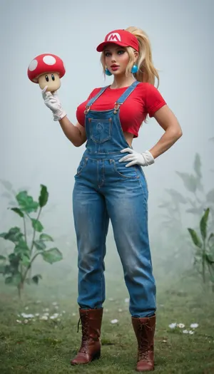 Princess Peach dressed in Mario’s iconic outfit, playful and adventurous. Beautiful and graceful with flowing blonde hair under Mario’s red cap with the 'M' emblem, large bimbo breasts, bimbo body, bimbo makeup, tanned skin without tan lines. Wearing a red shirt and blue overalls tailored to her figure, white gloves, and brown work boots. Holding a Super Mushroom, standing confidently in a bright Mario world setting with green pipes, floating blocks, and a vivid blue sky. Ultra-realistic whimsical fantasy art, highly detailed, colorful cinematic lighting, atmosphere of adventure, charm, and fun.