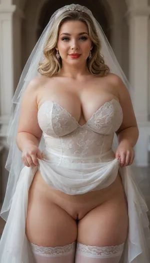 UHD, 8K epic detail, sharp focus, score_9, score_8_up, wedding setting, BBW blonde bride in a wedding gown, busty cleavage, bridal veil, (beauty:1.9), (curvy BBW body:1.3), closed mouth smiling, ((lifting up the front of the gown to reveal a shaven pussy)), white lacy garter belt attached to white stockings, standing with legs spread apart, (amazing pussy:1.5), hyper long golden hair in fancy curls