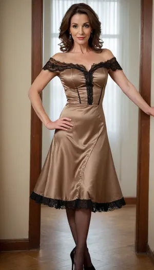 Stunning mature woman, (mature:1.9), (short:1.3), (slim), (housewife), short supreme victorian minimalist satin hoopdress, (hoopdress:1.5), sleeves, happy, seductive, sexy, full body, bare shoulders, (long straight untied brown hair), epic makeup, stiletto heels, lace thigh high stockings, masterpiece