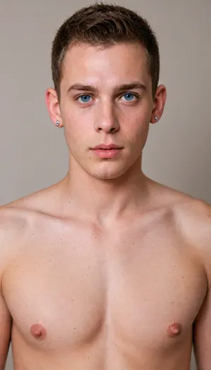 Create a photorealistic image of a blond, shaved twink in his schoolyard wearing tight leather thongs, with cum spurting from his stiff penis.