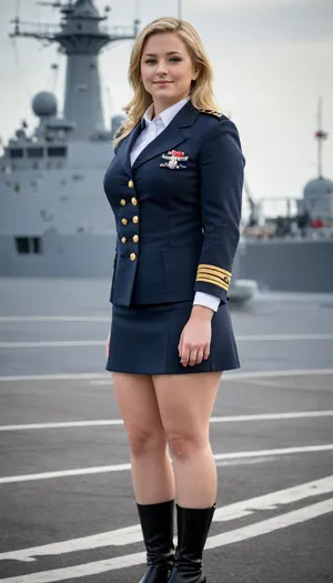 woman, Full body in view. Wide field of view. 25 year old chubby American, 5'11". Flat stomach. Thin face. Blonde tail hair. Navy Uniform. Standing. Face leaning forward. Smiling. Warship.