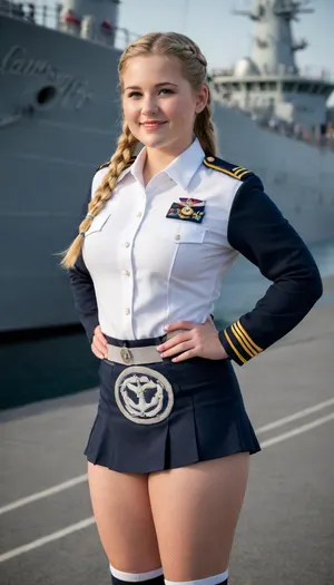 woman, Full body in view. Wide field of view. 25 year old chubby American, 5'11". Flat stomach. Thin face. Blonde braided hair. Navy Uniform. Standing. Face leaning forward. Smiling. Warship.