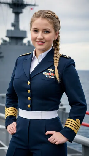 woman, Full body in view. Wide field of view. 25 year old chubby American, 5'11". Flat stomach. Thin face. Blonde braided hair. Navy Uniform. Standing. Face leaning forward. Smiling. Warship.