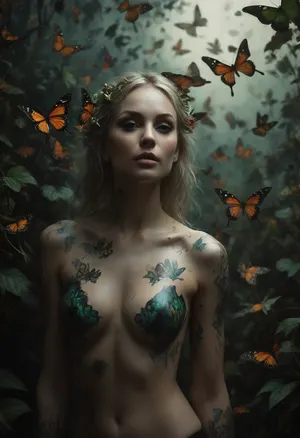 portrait of a nude, slim, (ultra-flat-chested:1.7), tattooed blonde woman surrounded by massiv swarm of butterflies, her entire skin tattooed everywhere, her skin looking like a green jungle plants, green leafs tattoos, (green-colored and detailed floral full-body tattoos:1.5), (very detailed butterfly tattoos:1.2), woman has delicate and seductive smile as she walks through a swarm of hundreds of extremely colorful butterflies, (large, dense swarm of 100 butterflies:1.9), (in the eye of the beholder, a mixture of real and tattooed butterflies:1.2), (image full of butterflies:2), (maximum detail), (super realistic photo:1.4), (maximum photo quality:1.4), (maximum resolution:1.5), saturated, Black, and, white, art, black, shading, charcoal, toned, brutal, dark, b/w, color, scheme, cloudy, smoke, atmospheric, clouds, fog, <lora:MJ52:2>, <lora:saturated_colors:.1>, <lora:Black and white art.V1:2>, <lora:add-detail-xl:1.7>, <lora:Cloudy_Style:1.4>