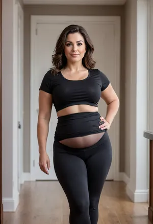 Mature Woman, curvy body, brunette hair, wearing black highwaist leggings, t-shirt, she has wide hips, and mombod, hourglass figure, curvy, thick, hips, waist, thighs, walking towards the viewer at a dynamic angle. Eye contact with the viewer. mega Ultra Quality, Shot on Canon EOS R5, 85mm f/1.2, studio lighting, ((high quality, 4k, realistic, high detailed, insanely detailed, real, best quality, ultra-detailed, fine detail, professional photography, taken with Canon EOS 5D Mark IV DSLR, aperture f/8, shutter speed 1/250 sec, ISO 100, highres, 8k wallpaper, cinematic lighting, masterpiece, heavily upvoted)), ((masterpiece)), high detail, complex details, OverallDetail, perfect lighting, professional realistic photo