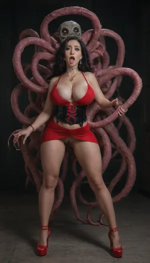 Inga Horror Possession, A horror emerges through the an Inga gates and, sexually possess, the physical body of the most beautiful Indonesian asian female mistress escort, (In a neon lit VIP room within luxurious private hostess stripclub in Pattaya at night, inga horror tentacle monster consuming the insides of the orifices and pussies of the perfect possessed hosting bodies and wearing the skins of most beautiful sexy exotic elegant classy indonesian taiwanese thai milf mistress beauty queens, big perfect asian ahegao eyes, massive XXL boobs, voluptous tits, deep cleavages, long legs, wearing red laced top and tight sexy miniskirt, jewelleries, waist chainbelt, high heels, various hardcore sex positions, extremely hardcore sex on the floor. Fusing the Horror's Inga essence with its victim's Inga corrupting its flesh and absorbing the host's soul, experiences and ultimately its mortal flesh. The horror then clothes itself with it's victim's flesh assuming its physical form., The Inga horror is able to morph itself according to its host's essence. Enabling the horror to feast on the flesh of its mortal victims., All Inga Horrors seek to increase the sensual pleasures by rites of receiving the blessing of Erith, the goddess of lust and erotic, by offering its physical bodies to be absorbed into the womb of Erith and to return reborn into the physical realm as Inga Asian Indonesian Milf Breeders whose sole purpose is to feed on the geneseed of men.:1.4), horror possess female, Female Possesion, ahegao face, ng_deepnegative_v1_75t, CyberRealistic_Negative, ahegao, rolling_eyes, rolling_eyes-000014, .5>, vomcum, excessive cum, 3milf, 1monster, hetero, hetero sexual, well balanced dramatic lighting with UnrealEngine VFX, award winning 21st century modern Hong Kong milf scifi horror possession action x-rated montage, best high quality HD photo, detailxl
