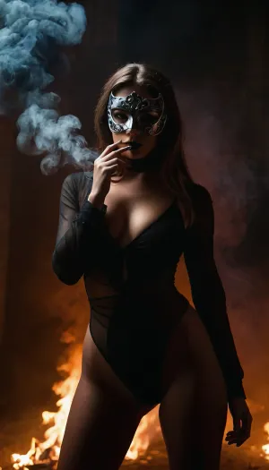 1girl, monstergirl, full body, beatiful, mystery, mysterious, masked half-face, smoke, gloom, calm, threat, sexuality, lust, sexy, danger, pathos, a cool pose, a dominant pose