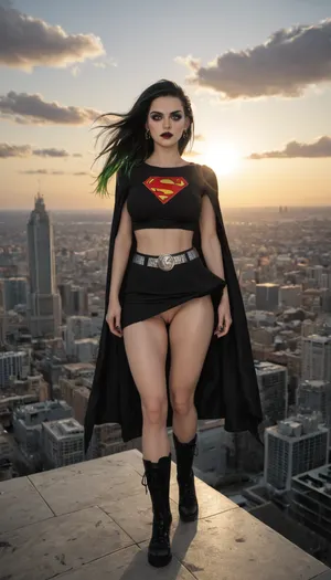 Goth Supergirl, young adult and powerful superheroine, athletic yet feminine build, large bimbo breasts, shaved pussy, long black hair with green highlights, piercing blue eyes, (heavy goth makeup), confident and determined expression. Wearing black and silver gothic Supergirl costume, black fitted top with bold silver 'S' emblem, black skirt, black cape billowing in the wind, black boots, silver belt. Dynamic heroic pose, flying above a city skyline, bright sky and sunlight, cinematic, highly detailed, comic book style realism, epic atmosphere.