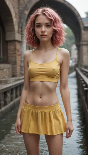 A 20-year-old girl with pink hair and a short men's haircut, with small breasts. She is wearing a yellow top and a short yellow skirt. She is standing on the embankment near a bridge.