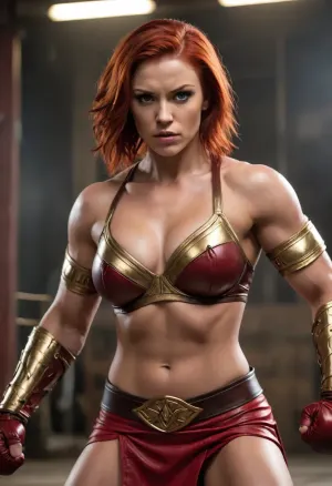 ((muscular female fighter)), ((massive muscles)), hyperrealistic, (tall woman), ((extremely muscular woman)), roman gladiator, broad shoulders, massive breasts, short red hair styled like a gladiator helmet, ((strong physique)), ((detailed thighs abs and arms)), (dark brown leather sports bra with gold accents), (red skirt), gold jewelry, (mma gloves), gladiatorial arena scene, pale tan skin, lots of detail on clothing and armor, sharp expression, (intense expression), aggressive expression, (mid-punch pose), powerful stance, close up view