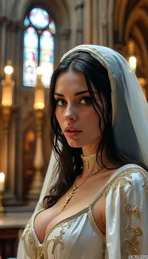 Nun seductress, side view, (close up), (((sexy, sensual, ornate cathedral, at the alter))), seductress, (30 yo cum covered beautiful dark haired woman), (wearing satin habit), (She is giving a titjob), slim body, dark eyes, very long hair, looking at the viewer, eye contact, she is going to fuck you next, 34c breasts, (covered natural breasts:1), cum on tits and face, lots of cum, (horny look, excited, orgasm, moaning:1.2), (ejaculation:1.3), titjob, blowjobtitjob, <lora:BUT_SDXL_SHS:1.2>, <lora:MJ52:1.3>, <lora:add-detail-xl:1>, <lora:sunnyrayyxo_v1_SDXLBase:2>, <lora:283625_training_data:1.9>